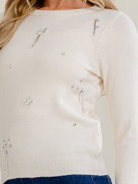 WOMEN'S LONG SLEEVE RHINESTONE DETAILED PULLOVER SWEATER
