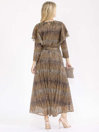 WOMEN'S 3/4 RUFFLE SLEEVE SELF TIE SEQUINS ANIMAL PRINT MAXI DRESS