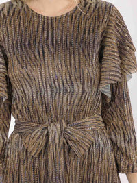 WOMEN'S 3/4 RUFFLE SLEEVE SELF TIE SEQUINS ANIMAL PRINT MAXI DRESS