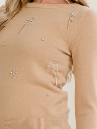 WOMEN'S LONG SLEEVE RHINESTONE DETAILED PULLOVER SWEATER