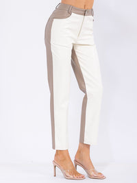 WOMEN'S BUTTON CLOSURE POCKETS COLORBLOCK PU PLEATHER SKINNY PANTS