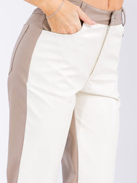 WOMEN'S BUTTON CLOSURE POCKETS COLORBLOCK PU PLEATHER SKINNY PANTS