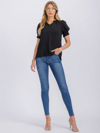 WOMEN'S SHORT PUFF SLEEVE V-NECK BLOUSE