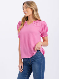 WOMEN'S SHORT PUFF SLEEVE V-NECK BLOUSE