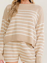 WOMEN'S LONG SLEEVE PULLOVER SWEATER & ELASTIC WAIST SHORTS COLORBLOCK STRIPES KNIT 2PC.SET