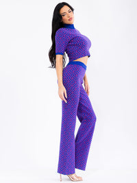 WOMEN'S SHORT SLEEVE CROP TOP & ELASTIC WAIST PANTS COLORBLOCK PRINTED 2PC.SET