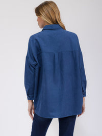 WOMEN'S LONG SLEEVE FRONT POCKET BUTTON UP HIGH-LOW CORDUROY OVERSIZED TOP
