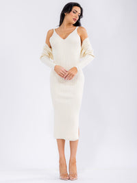WOMEN'S SLEEVELESS V-NECK MAXI DRESS WITH LONG SLEEVE BOLERO RIBBED 2PC.SET