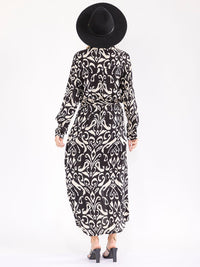 WOMEN'S LONG SLEEVE BUTTON UP SELF TIE MULTI PRINT MAXI DRESS