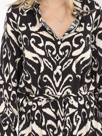 WOMEN'S LONG SLEEVE BUTTON UP SELF TIE MULTI PRINT MAXI DRESS