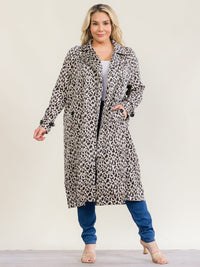 PLUS SIZE LONG SLEEVE OPEN FRONT POCKETS ADJUSTABLE WAIST ANIMAL PRINT CARDIGAN