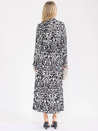 WOMEN'S LONG SLEEVE BUTTON UP SELF TIE MULTI PRINT MAXI DRESS