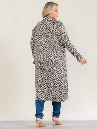 PLUS SIZE LONG SLEEVE OPEN FRONT POCKETS ADJUSTABLE WAIST ANIMAL PRINT CARDIGAN