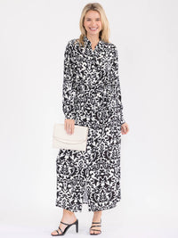 WOMEN'S LONG SLEEVE BUTTON UP SELF TIE MULTI PRINT MAXI DRESS