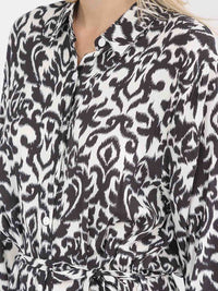 WOMEN'S LONG SLEEVE BUTTON UP SELF TIE MULTI PRINT MAXI DRESS