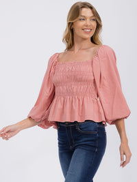 WOMEN'S 3/4 SLEEVES SQUARE NECK SMOCK PEPLUM BLOUSE