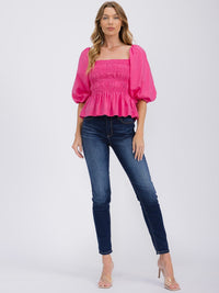 WOMEN'S 3/4 SLEEVES SQUARE NECK SMOCK PEPLUM BLOUSE