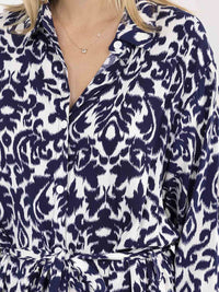WOMEN'S LONG SLEEVE BUTTON UP SELF TIE MULTI PRINT MAXI DRESS