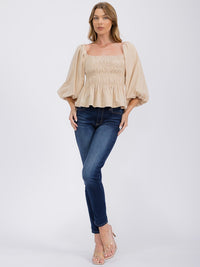 WOMEN'S 3/4 SLEEVES SQUARE NECK SMOCK PEPLUM BLOUSE