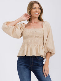WOMEN'S 3/4 SLEEVES SQUARE NECK SMOCK PEPLUM BLOUSE