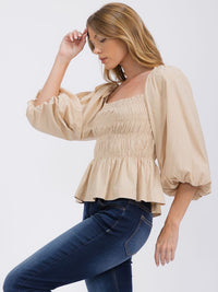 WOMEN'S 3/4 SLEEVES SQUARE NECK SMOCK PEPLUM BLOUSE