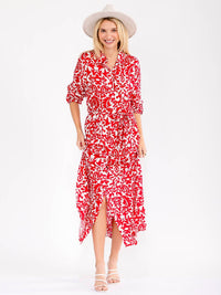 WOMEN'S LONG SLEEVE BUTTON UP SELF TIE MULTI PRINT MAXI DRESS