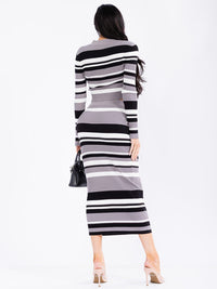 WOMEN'S LONG SLEEVE V-NECK TOP & ELASTIC WAIST MAXI SKIRT COLORBLOCK STRIPES RIBBED 2PC. SET
