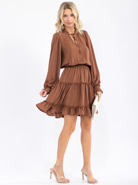 WOMEN'S LONG SLEEVE V-NECK ELASTIC WAIST TIERED MINI DRESS