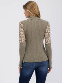 WOMEN'S LONG SLEEVE MOCK NECK ANIMAL PRINT RIBBED TOP