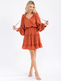 WOMEN'S LONG SLEEVE V-NECK ELASTIC WAIST TIERED MINI DRESS