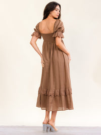 WOMEN'S SHORT PUFF SLEEVE SQUARE NECK CROCHET SMOCK TIERED MAXI DRESS