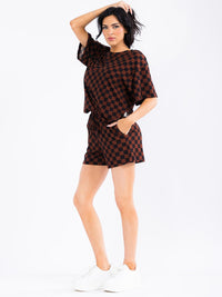WOMEN'S SHORT SLEEVE TOP & ELASTIC WAIST SHORTS CHEKER COLORBLOCK 2PC. SET