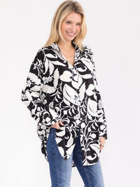 WOMEN'S LONG SLEEVE BUTTON UP HIGH-LOW PRINT BLOUSE