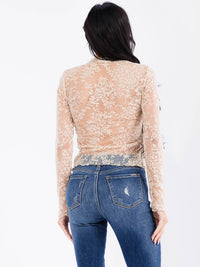WOMEN'S LONG SLEEVE MOCK NECK FLORAL MESH TOP