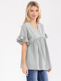 WOMEN'S SHORT SLEEVE SURPLICE TUNIC LINEN BLOUSE