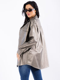 WOMEN'S LONG SLEEVE BUTTON CLOSURE FRONT POCKETS PU PLEATHER JACKET