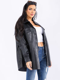 WOMEN'S LONG SLEEVE BUTTON CLOSURE FRONT POCKETS PU PLEATHER JACKET