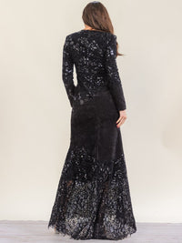 WOMEN'S LONG SLEEVE EMBELLISHED EMBROIDERY VELVET SEQUINS MAXI GOWN DRESS