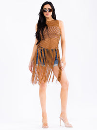 WOMEN'S SLEEVELESS KNITTED FRINGE COVER UP TOP
