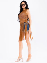 WOMEN'S SLEEVELESS KNITTED FRINGE COVER UP TOP