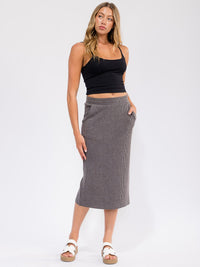 WOMEN'S ELASTIC WAIST FRONT POCKETS RIBBED MIDI SKIRT