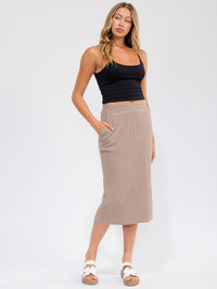 WOMEN'S ELASTIC WAIST FRONT POCKETS RIBBED MIDI SKIRT
