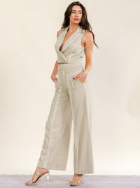 WOMEN'S SLEEVELESS SURPLICE TOP & BUTTON CLOSURE POCKETS WIDE LEG PANTS SOLID 2PC. SET