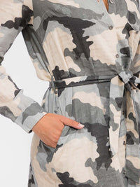 WOMEN'S LONG SLEEVE BUTTON UP FRONT POCKETS SELF TIE CAMO PRINT MINI DRESS