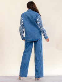 WOMEN'S LONG SLEEVE BUTTON UP SHACKET & ELASTIC WAIST BUTTON CLOSURE WIDE LEG PANTS DENIM SEQUINS PAISLEY 2PC. SET