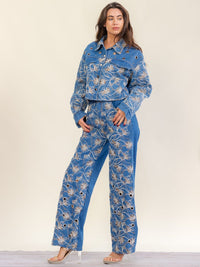 WOMEN'S LONG SLEEVE BUTTON UP SHACKET & ELASTIC WAIST BUTTON CLOSURE WIDE LEG PANTS DENIM SEQUINS PAISLEY 2PC. SET
