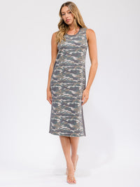 WOMEN'S SLEEVELESS SIDE SLIT CAMO PRINT MIDI DRESS
