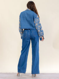 WOMEN'S LONG SLEEVE BUTTON UP SHACKET & ELASTIC WAIST BUTTON CLOSURE WIDE LEG PANTS DENIM SEQUINS PAISLEY 2PC. SET