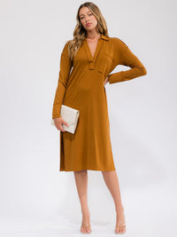 WOMEN'S LONG SLEEVE V-NECK FRONT POCKET MIDI DRESS