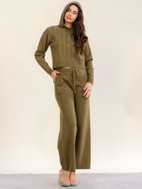 WOMEN'S LONG SLEEVE HOODED SWEATER & ELASTIC WAIST POCKETS WIDE LEG PANTS CABLE KNIT 2PC. SET